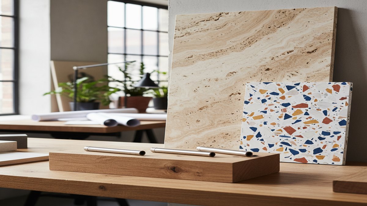 Materiaux nobles : travertin, terrazzo et chene brut
