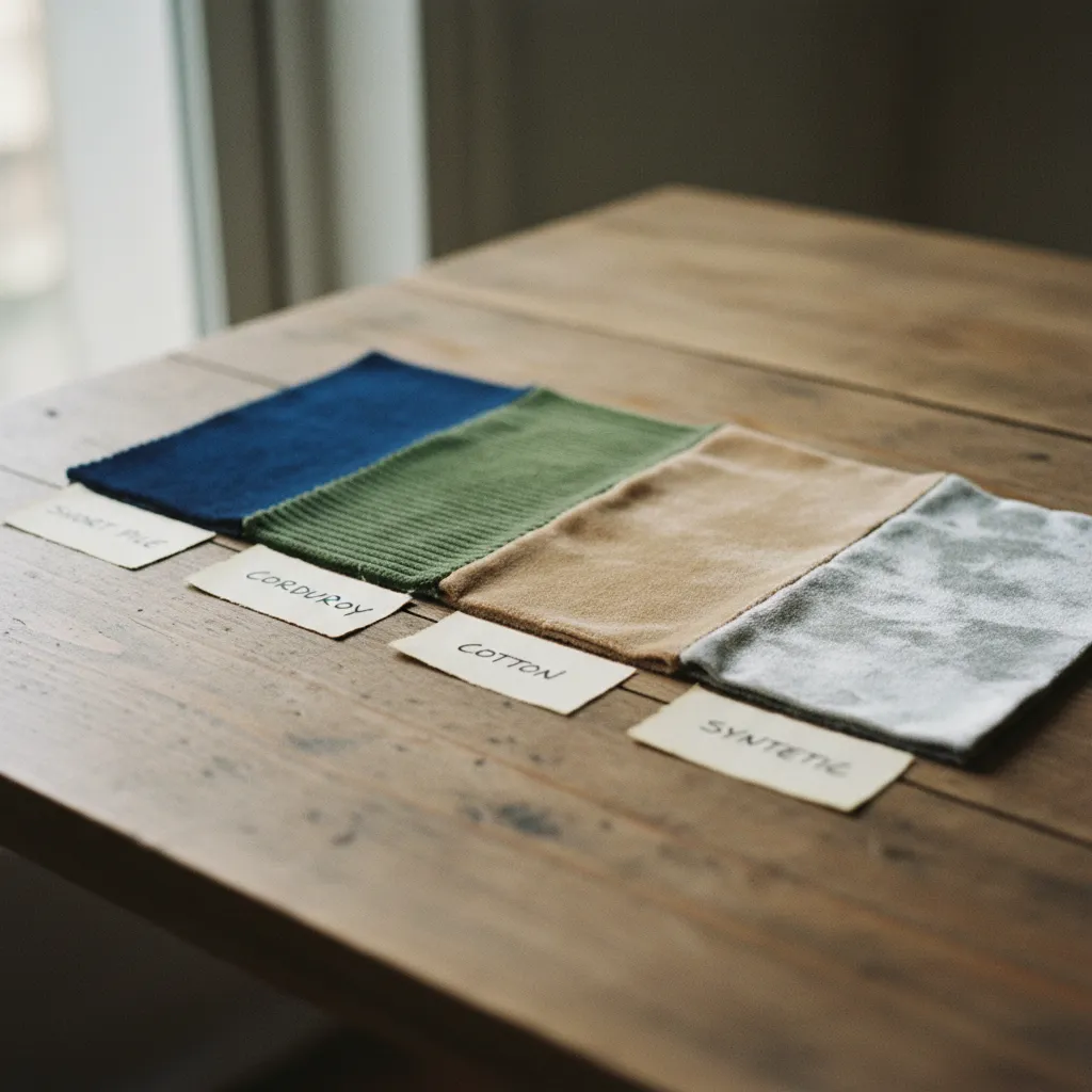 Échantillons des quatre types de velours mobilier comparés côte à côte sur une table d'atelier