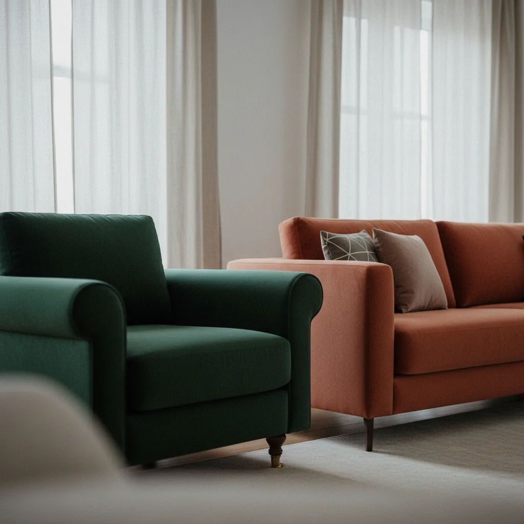 Harmonie de teintes profondes : fauteuil vert émeraude et canapé terracotta dans un salon contemporain