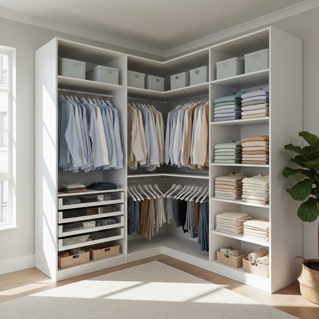 Dressing sur mesure en L installé dans un angle de chambre lumineuse