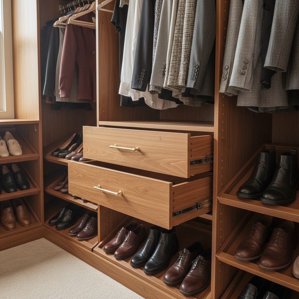 Aménagement intérieur de dressing avec tiroirs coulissants et rangement à chaussures incliné