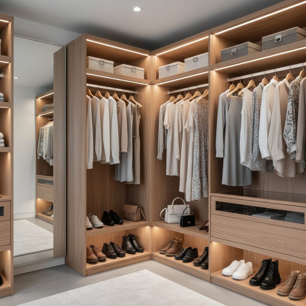 Éclairage LED intégré dans les étagères et penderies d'un dressing contemporain