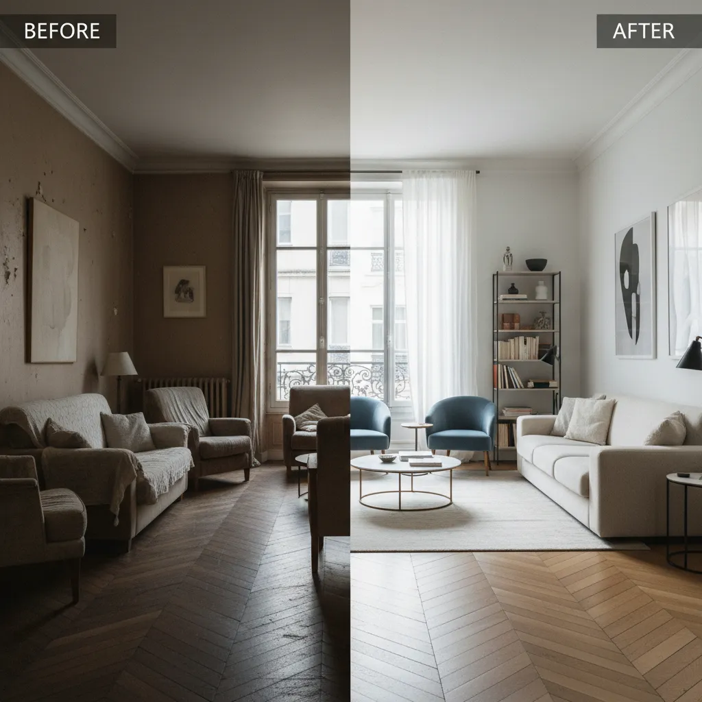 Le résultat d'une rénovation bien menée : un intérieur lumineux avec parquet en chevron et finitions soignées