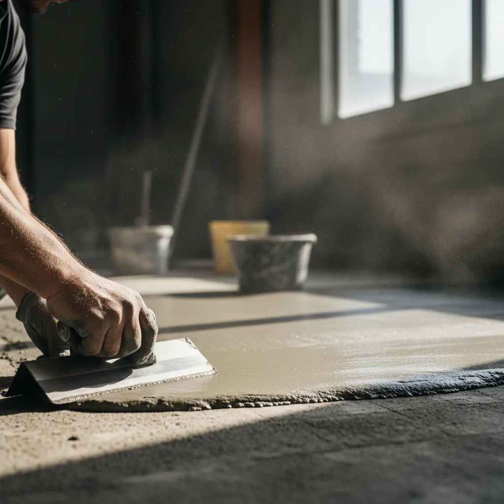 Un applicateur spécialisé étale le béton ciré à la spatule inox sur un sol préparé