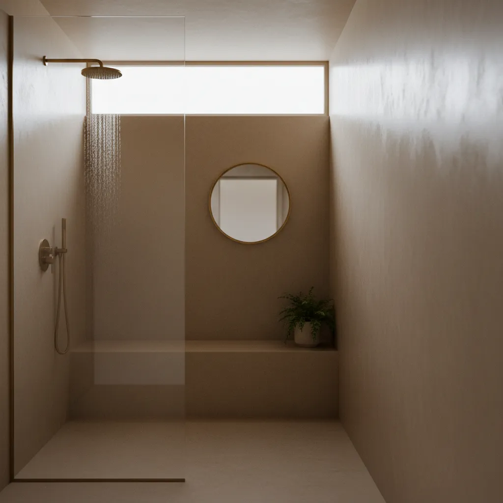Salle de bain habillée de béton ciré avec douche à l'italienne et robinetterie laiton