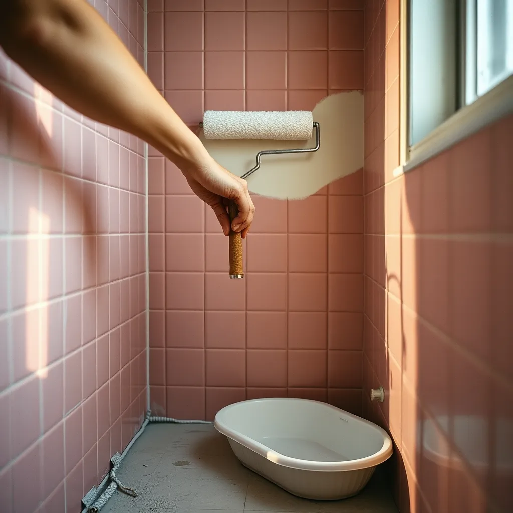 Application de peinture résine sur un carrelage mural daté : l'étape clé du home staging salle de bain