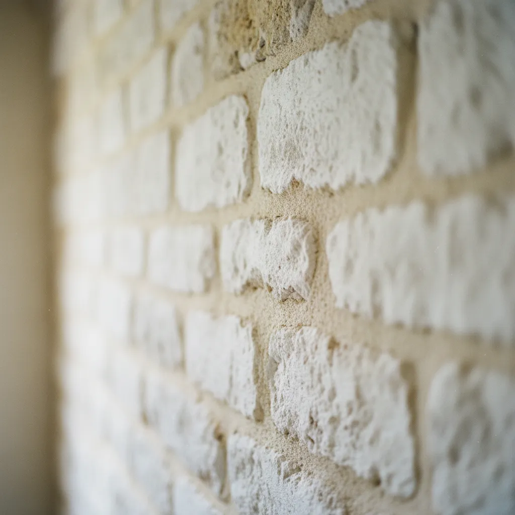 Détail d'un mur en pierre calcaire badigeonné à la chaux dans un salon provençal