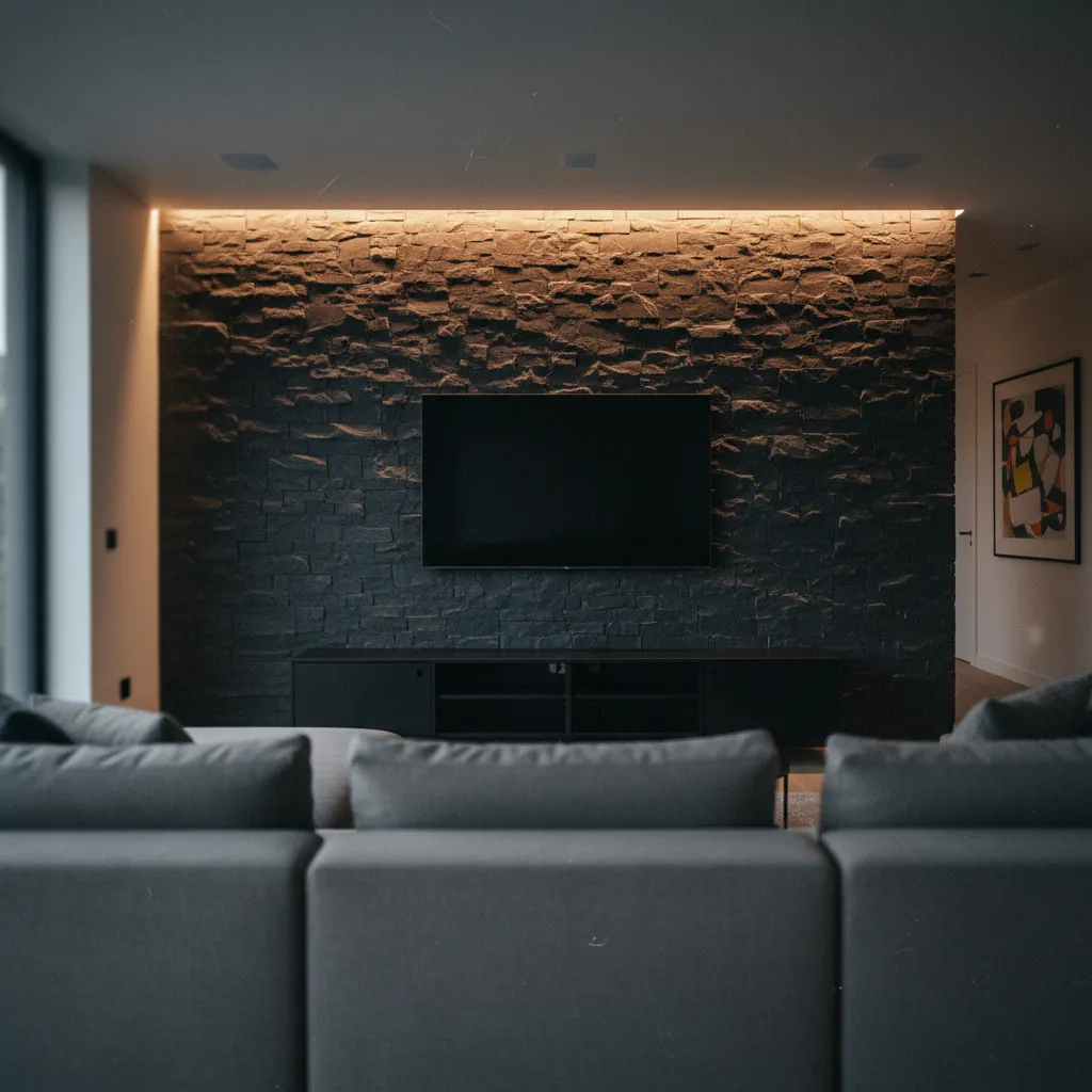 Salon moderne avec mur en pierre sombre servant de fond pour l'écran TV et éclairage rasant