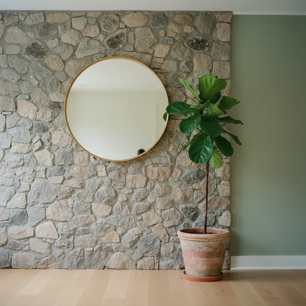 Miroir surdimensionné et figuier lyre posé au sol devant un mur en pierre naturelle