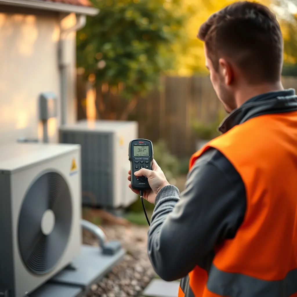 Mesure acoustique normée NF S 31-010 réalisée par un professionnel près d'une unité extérieure de PAC