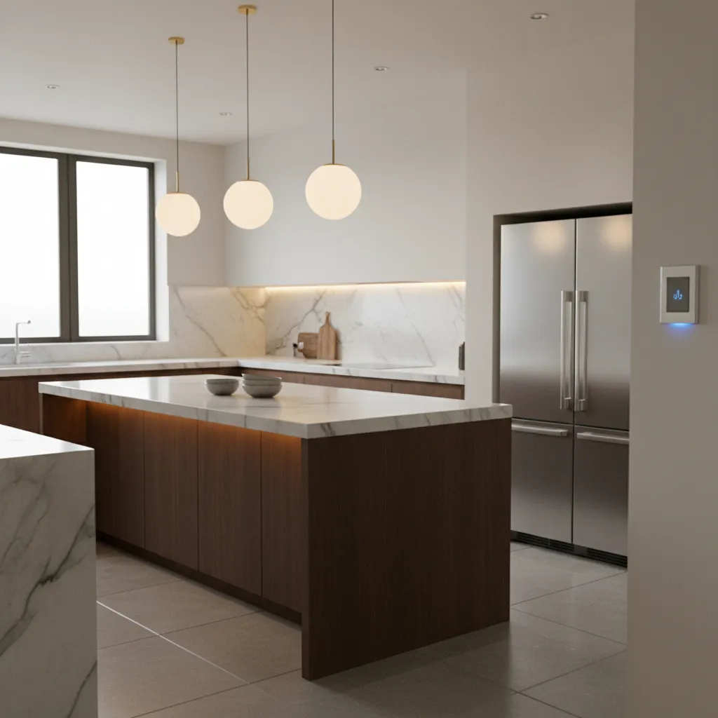 Cuisine avec éclairage fonctionnel sous meuble haut et suspensions dimmables au-dessus de l'îlot
