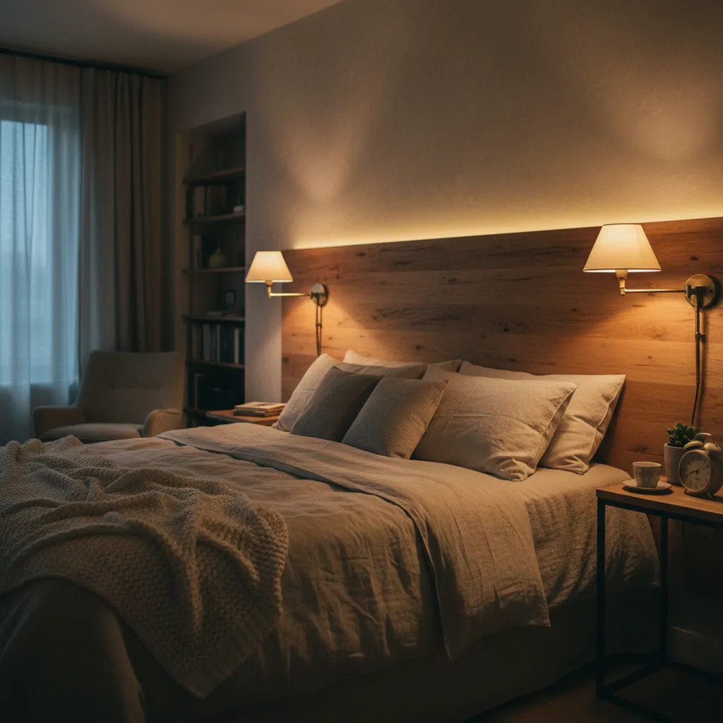 Chambre avec éclairage indirect derrière la tête de lit et liseuses orientables pour le confort nocturne