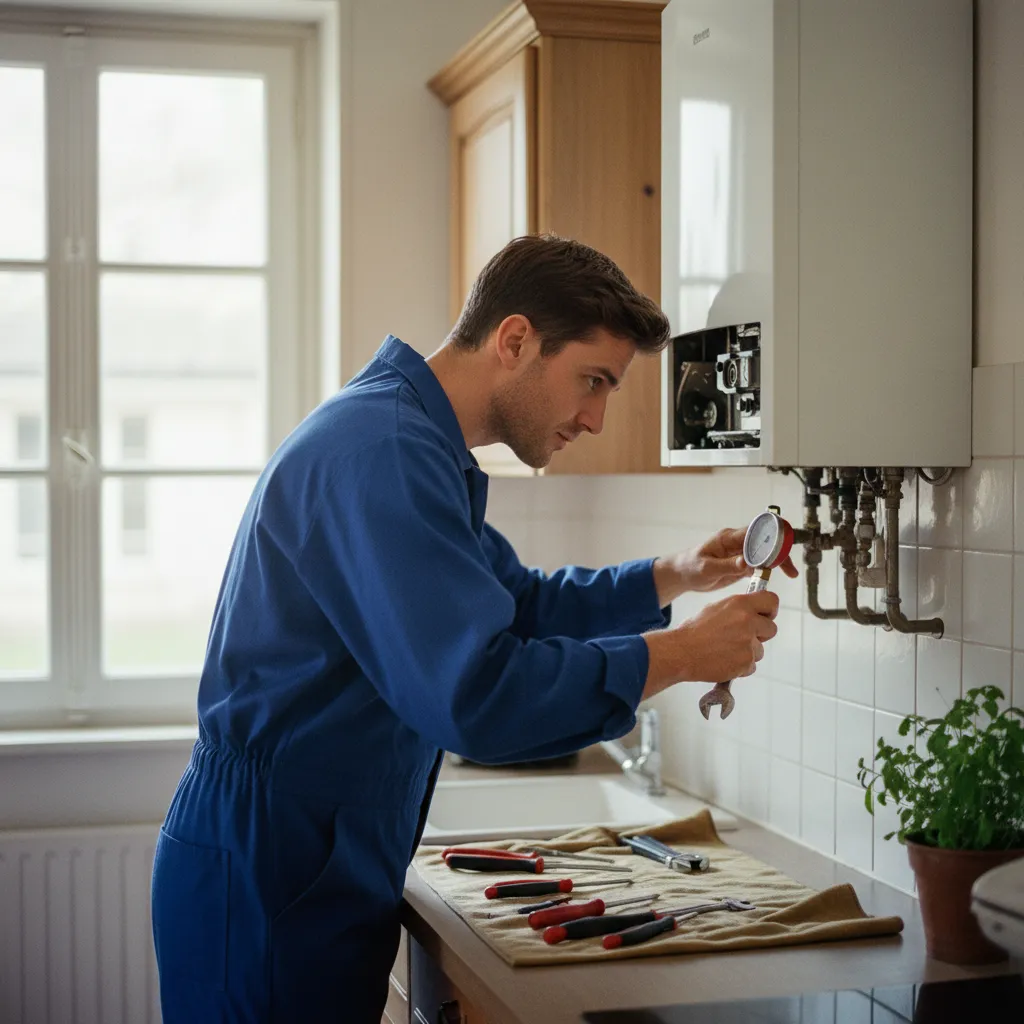 Technicien chauffagiste effectuant l'entretien annuel d'une chaudière à condensation