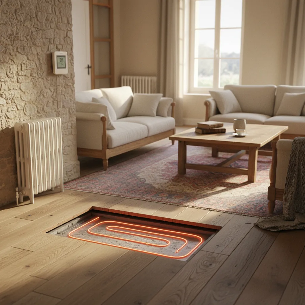 Salon confortable équipé d'un plancher chauffant basse température et d'un thermostat programmable