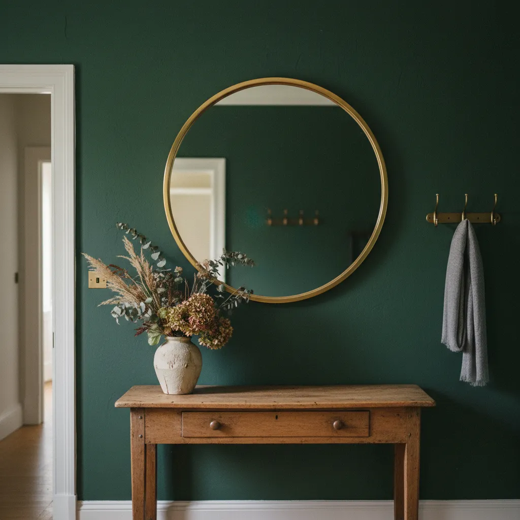 Un miroir rond à cadre laiton au-dessus d'une console en bois crée un point focal chaleureux dans l'entrée