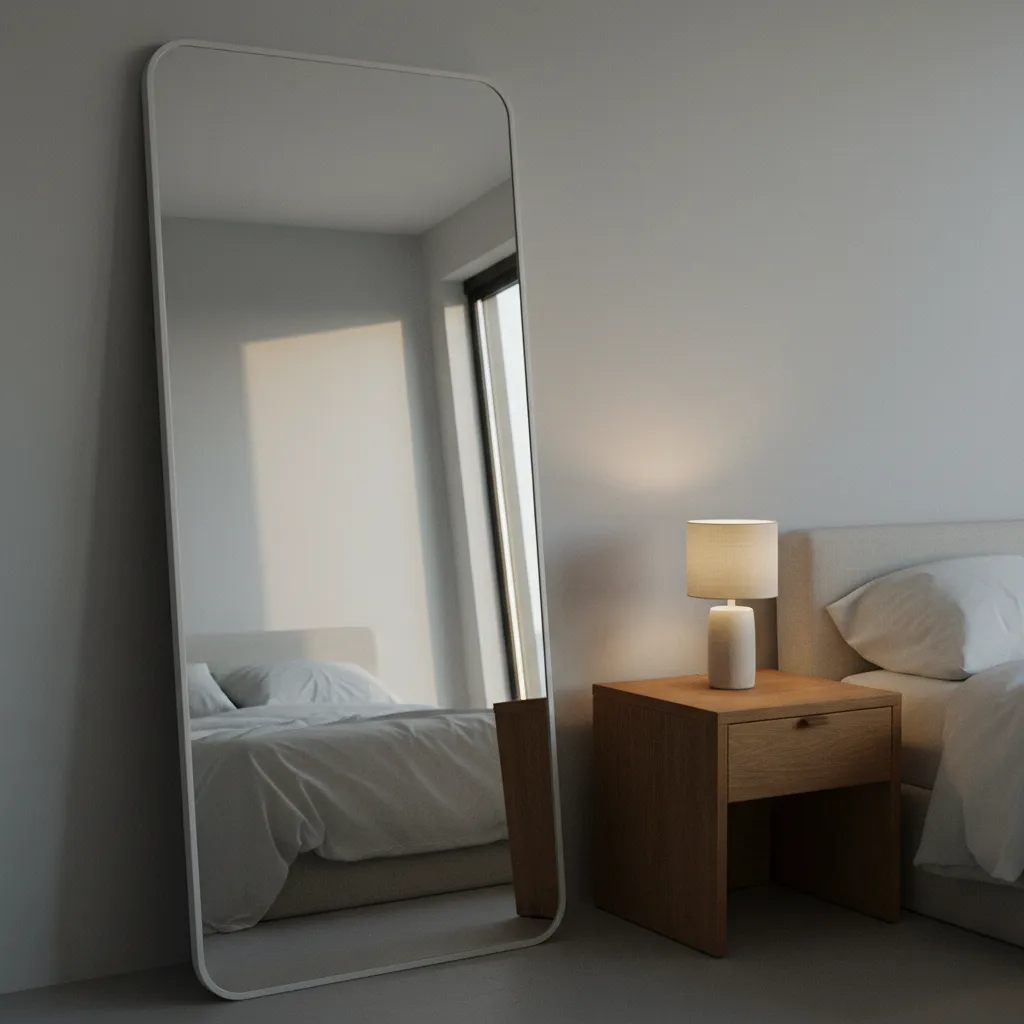 Un miroir sans cadre posé dans une chambre minimaliste reflète la lumière du matin sans alourdir le décor
