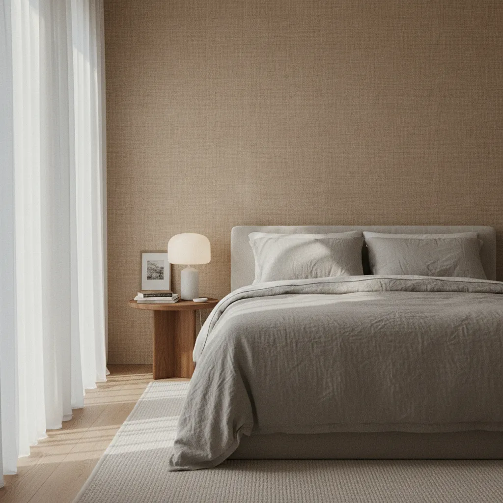 Un revêtement mural en raphia naturel apporte une dimension tactile incomparable à une chambre