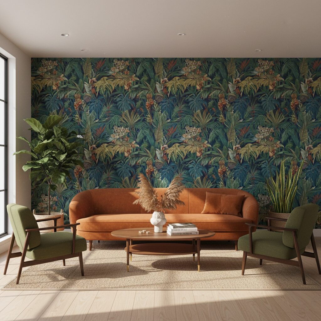 Papier peint panoramique tropical dans un salon contemporain lumineux