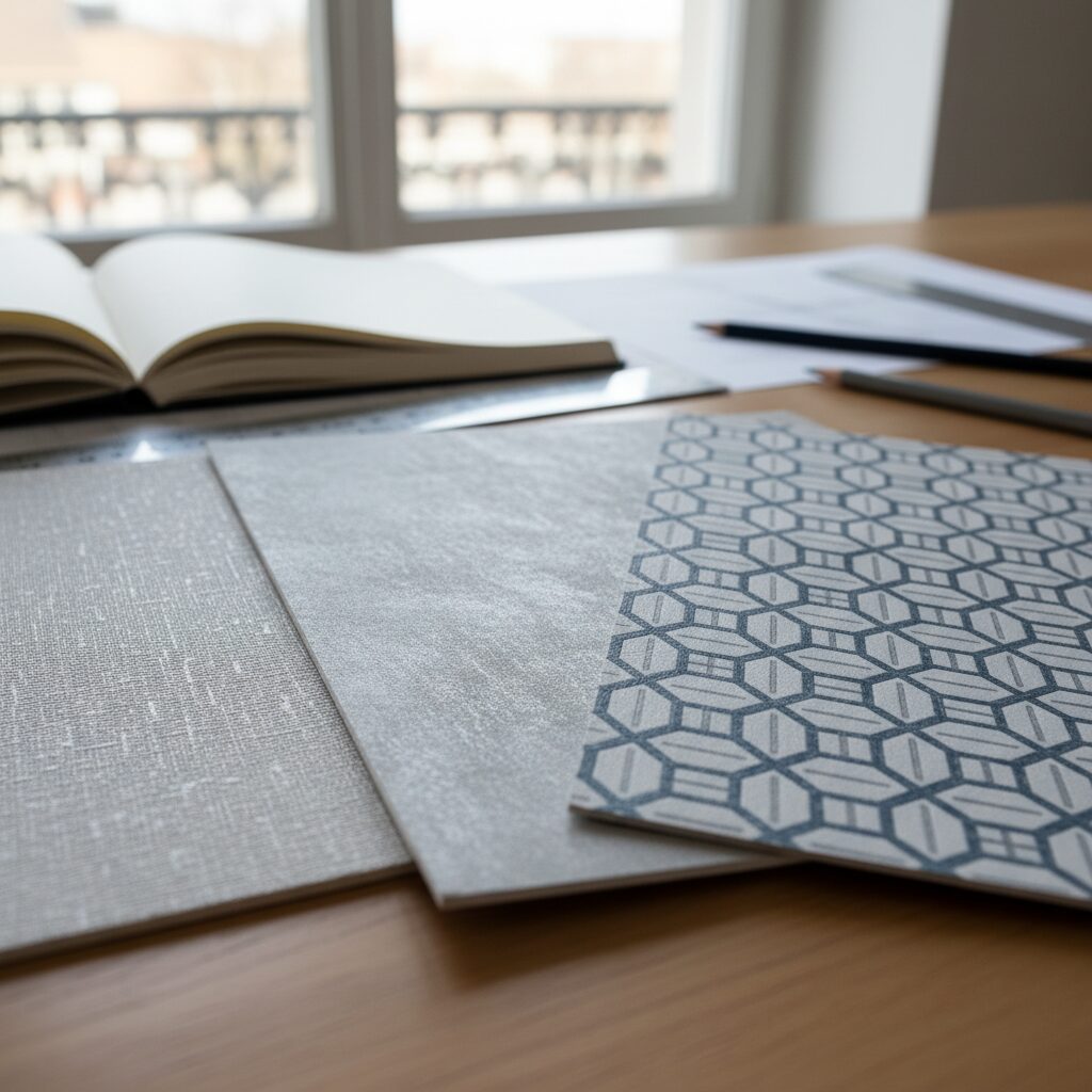 Échantillons de supports de papier peint panoramique sur table d'atelier