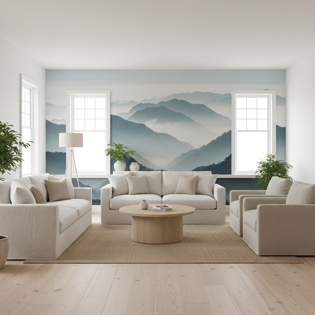 Salon lumineux avec papier peint panoramique paysage sur mur principal