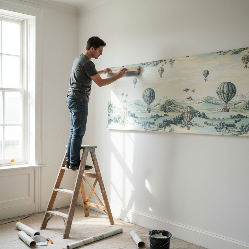 Pose d'un lé de papier peint panoramique avec brosse de tapissier