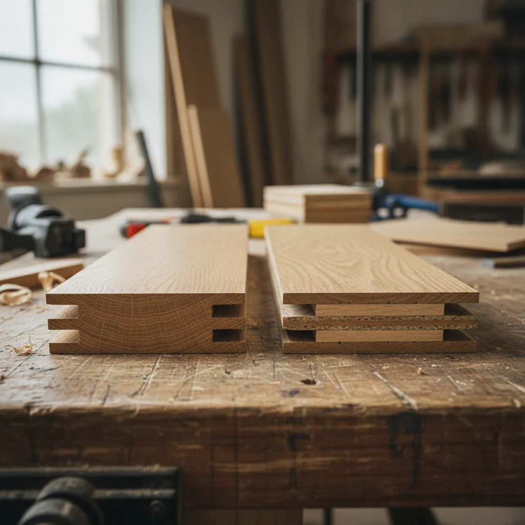 Coupe transversale d'une lame de parquet massif à côté d'une lame de contrecollé révélant les couches internes