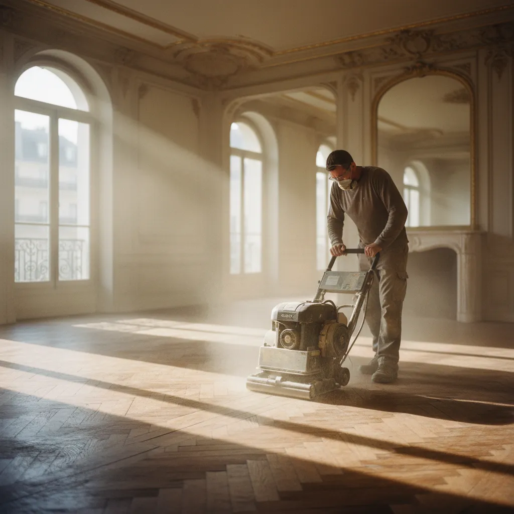 Ponçage professionnel d'un parquet chêne ancien dans un appartement parisien en cours de rénovation