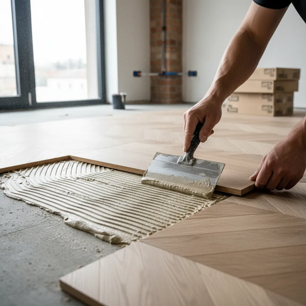 Pose collée d'un parquet contrecollé chêne sur chape béton avec colle polyuréthane et spatule crantée