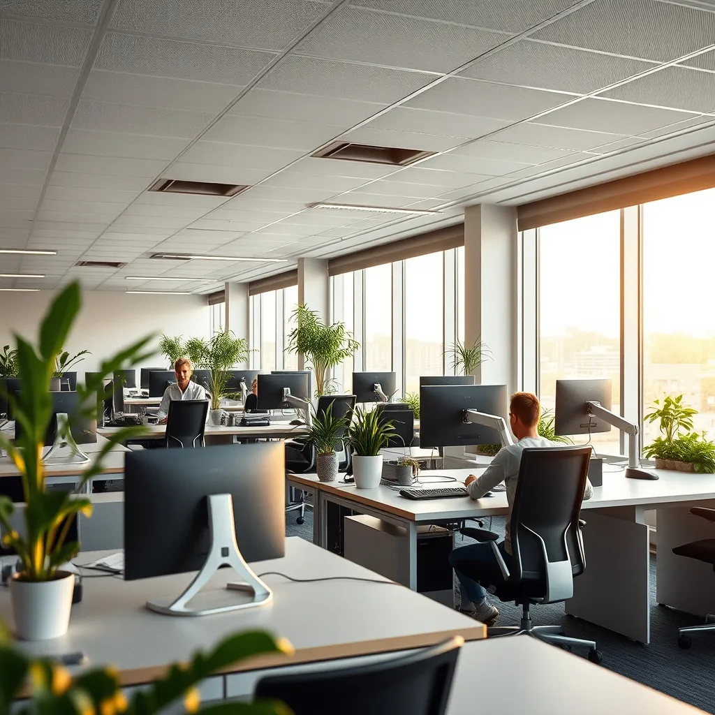 Bureaux réglables, bras écran articulés et traitement acoustique au plafond forment le trio ergonomique essentiel