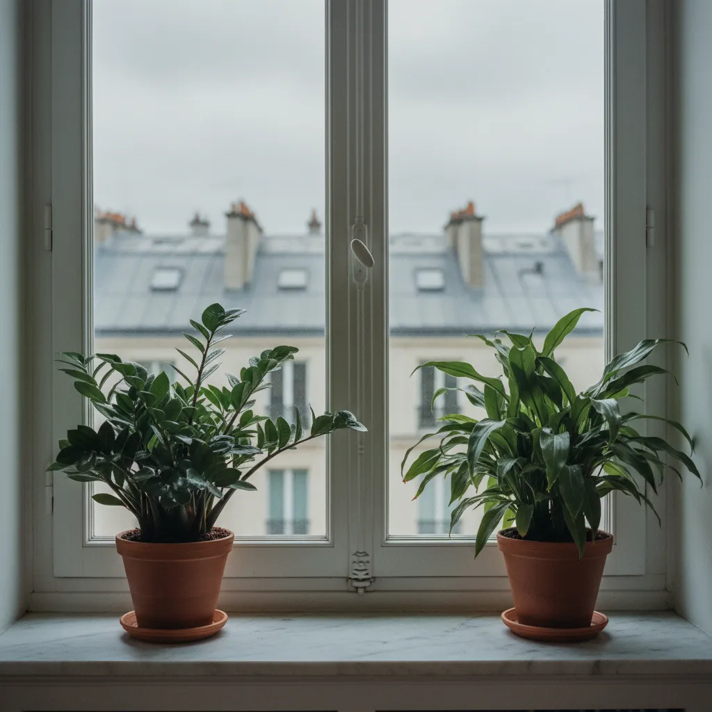 Le zamioculcas et l'aspidistra prospèrent même devant une fenêtre nord avec vis-à-vis parisien