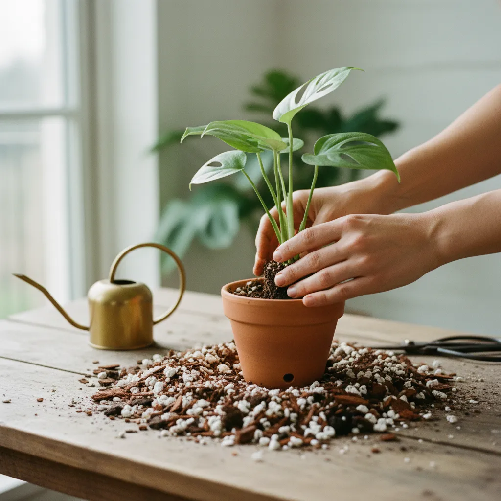 Un substrat drainant composé de terreau, perlite et écorce de pin évite le pourrissement racinaire