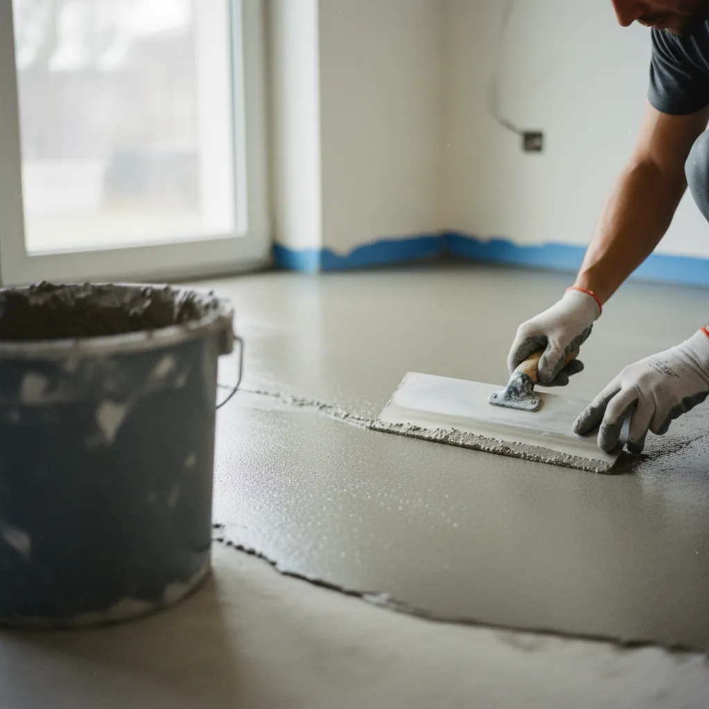 Application du béton ciré à la lisseuse inox par un artisan applicateur