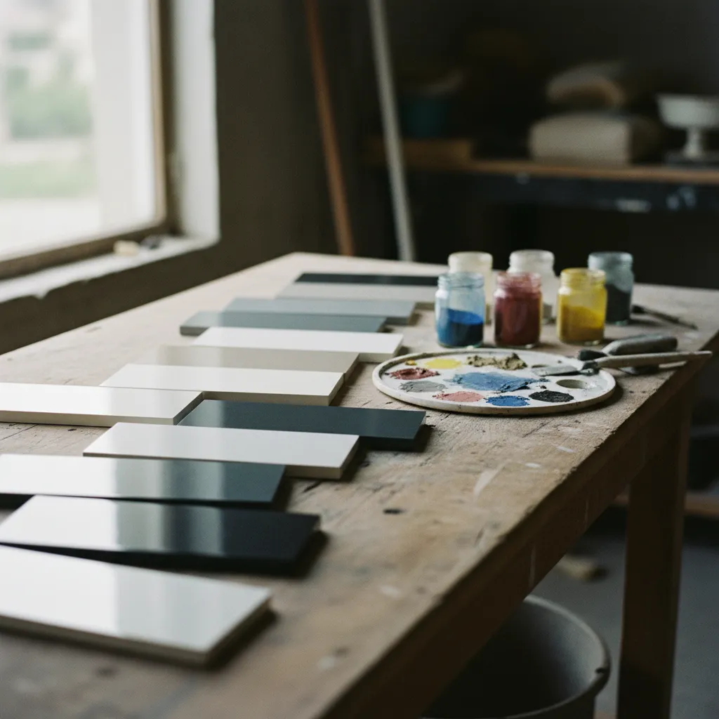 Échantillons de béton ciré dans différentes teintes, du blanc cassé à l'anthracite