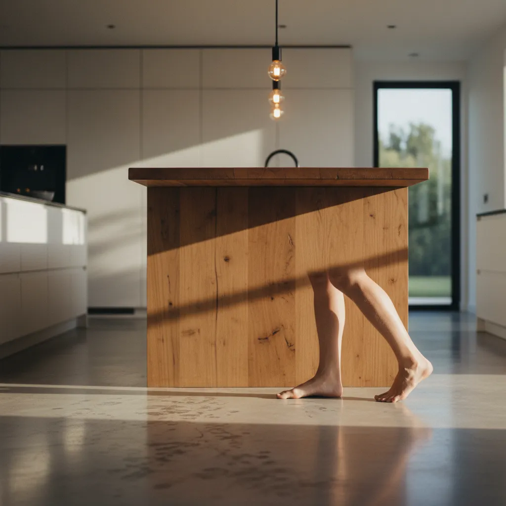 Sol béton ciré dans une cuisine contemporaine après deux ans d'utilisation