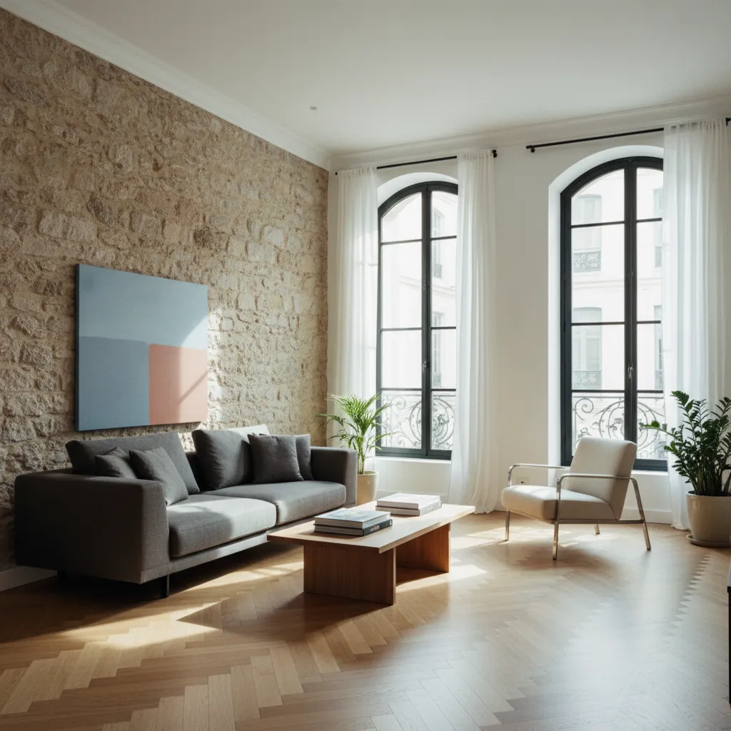 Salon rénové dans un appartement lyonnais avec mur en pierre apparente et parquet en point de Hongrie