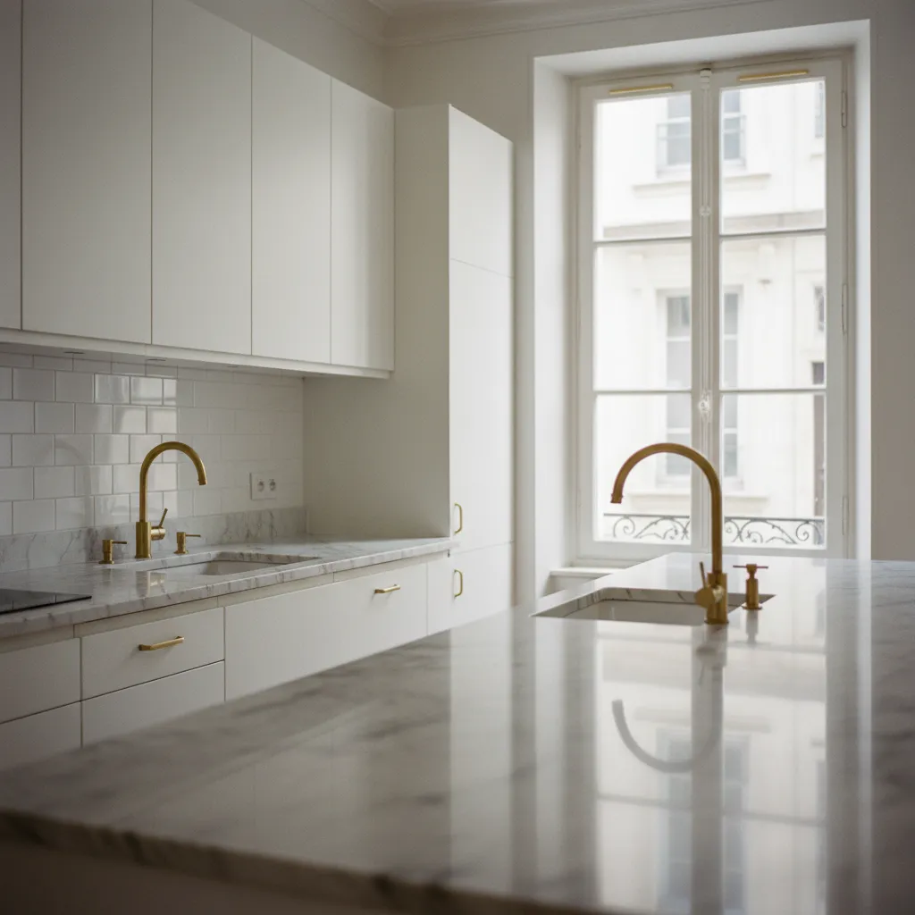 Cuisine rénovée dans une maison lyonnaise avec plan de travail en marbre et robinetterie laiton