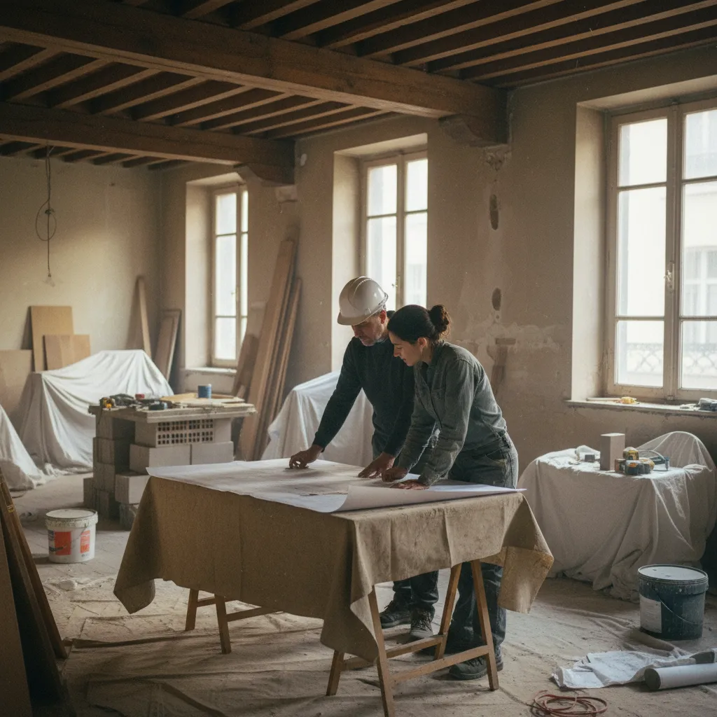 Revue des plans de rénovation avec l'artisan sur le chantier d'une maison lyonnaise