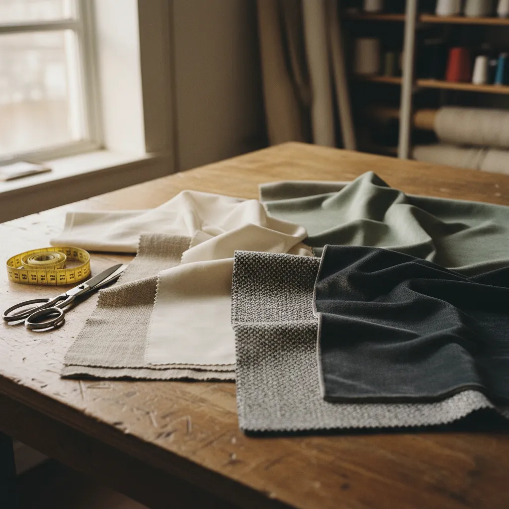 Échantillons de tissus pour rideaux dans un atelier de tapissier parisien : lin, coton, laine et velours
