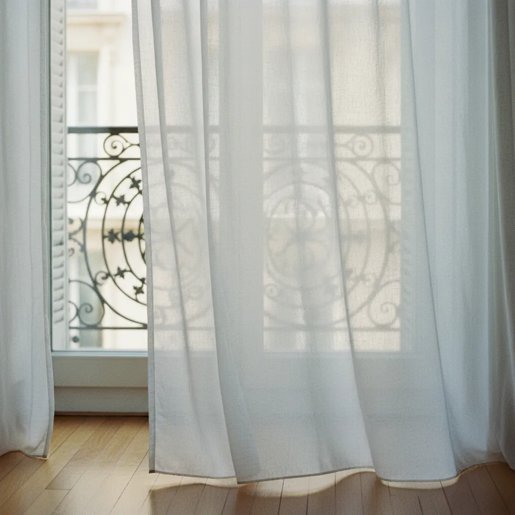 Voilage en lin fin filtrant la lumière naturelle devant une fenêtre à balcon en fer forgé