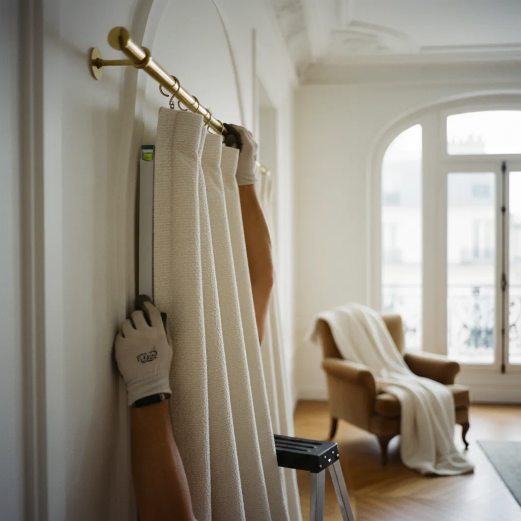 Pose professionnelle d'une tringle en laiton dans un appartement haussmannien rénové