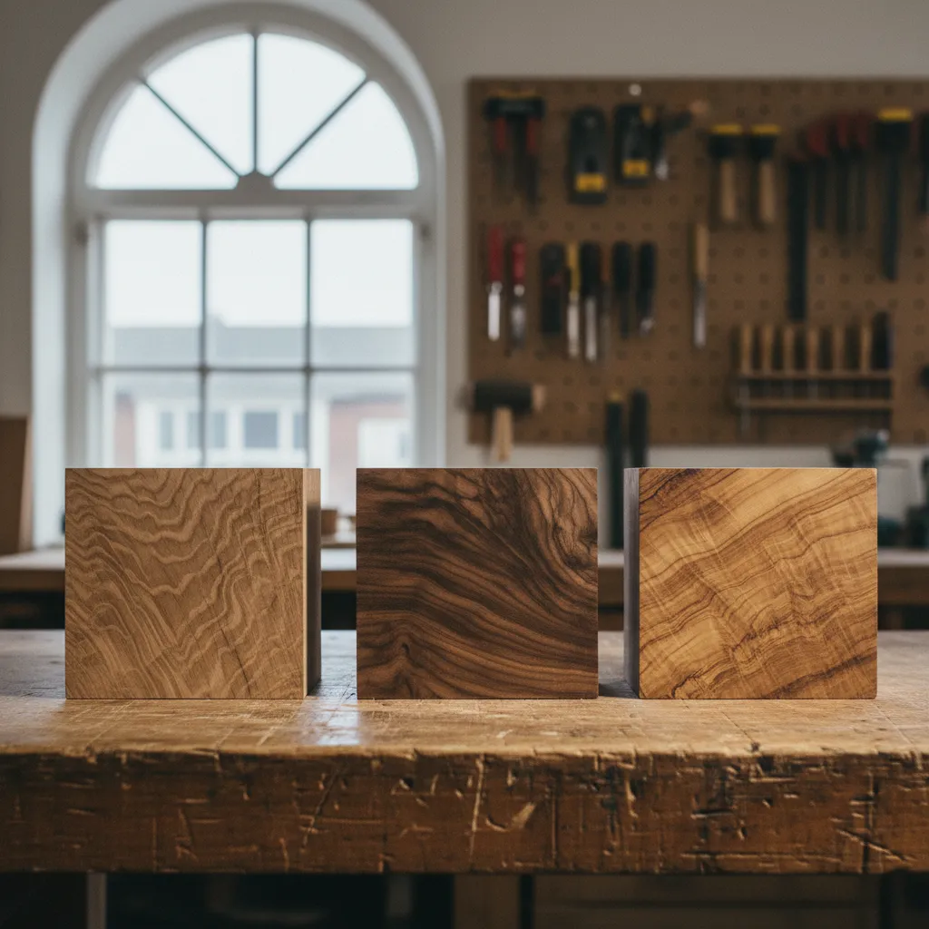 Échantillons de chêne, noyer et acacia côte à côte révélant les différences de grain et de teinte