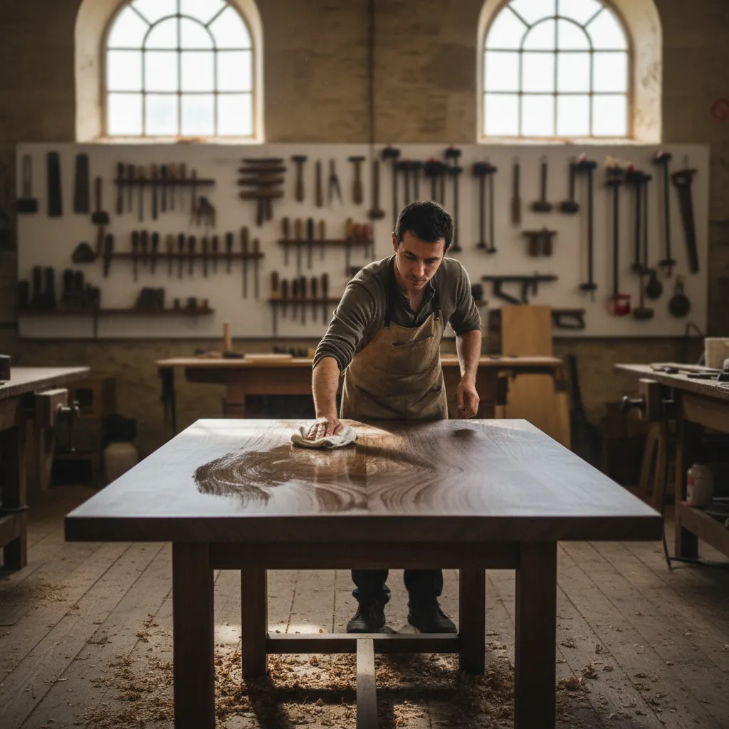 Application d'une huile dure sur un plateau de table en noyer massif dans un atelier d'ébénisterie