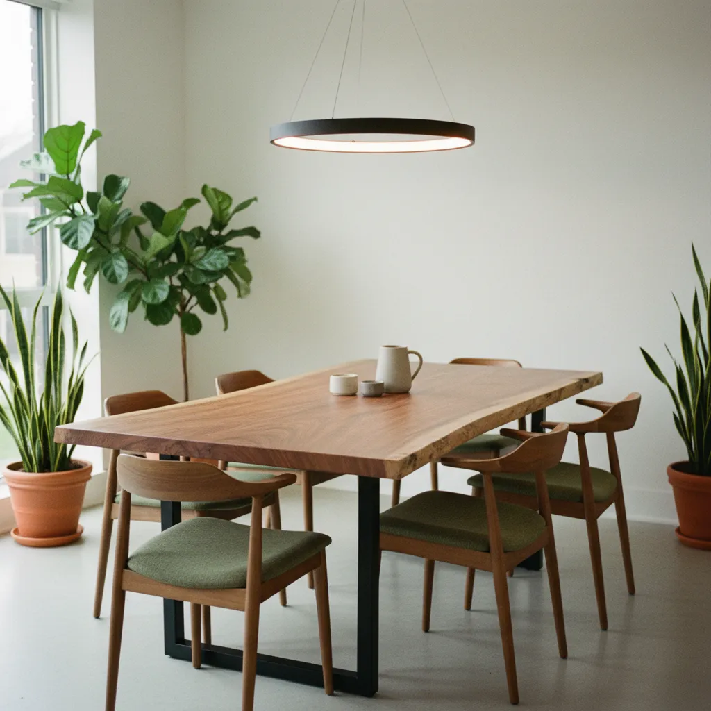 Table en acacia massif avec bords naturels et piètement acier noir dans une salle à manger contemporaine