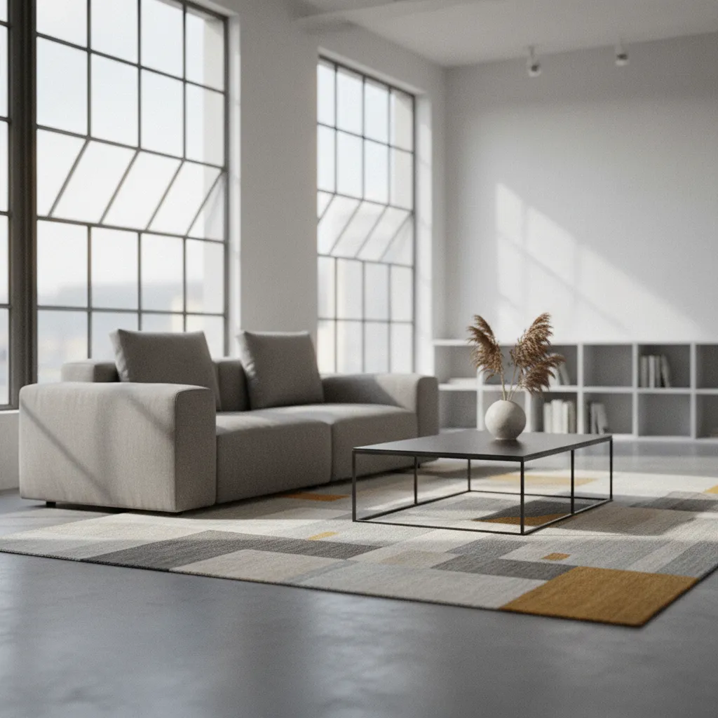 Un tapis moderne à tissage plat dans un intérieur contemporain aux lignes épurées