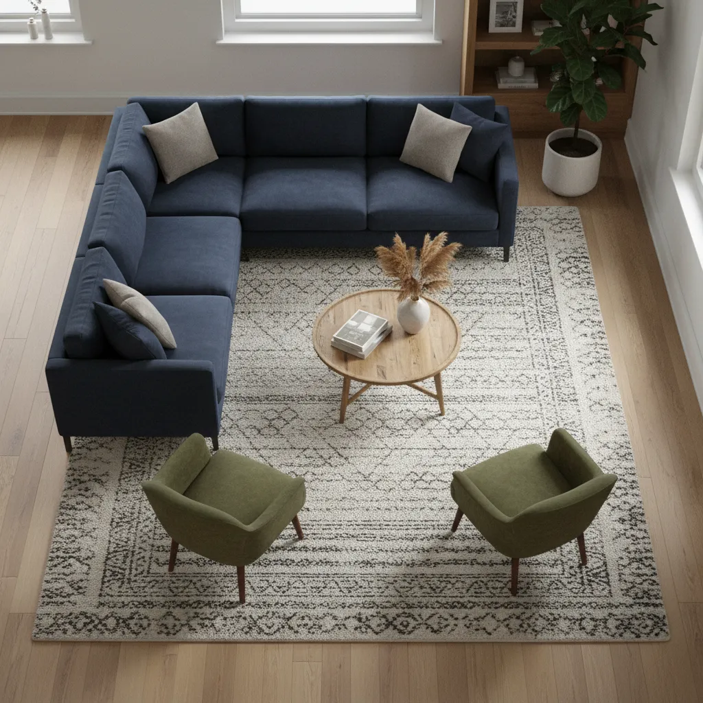 Vue du dessus montrant le placement correct : les pieds avant du canapé reposent sur le tapis avec un dégagement régulier vers les murs