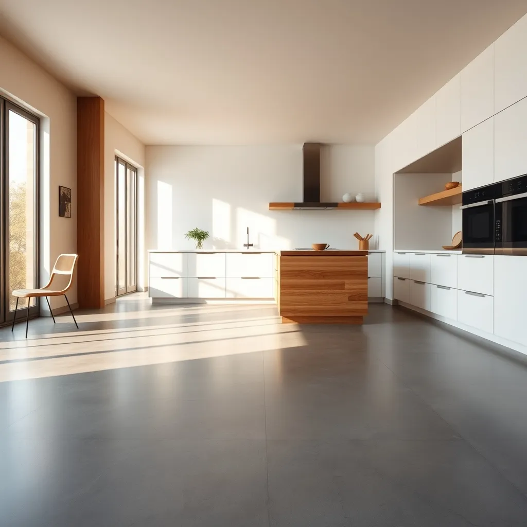 Cuisine contemporaine avec sol béton ciré gris chaud sans joints apparents