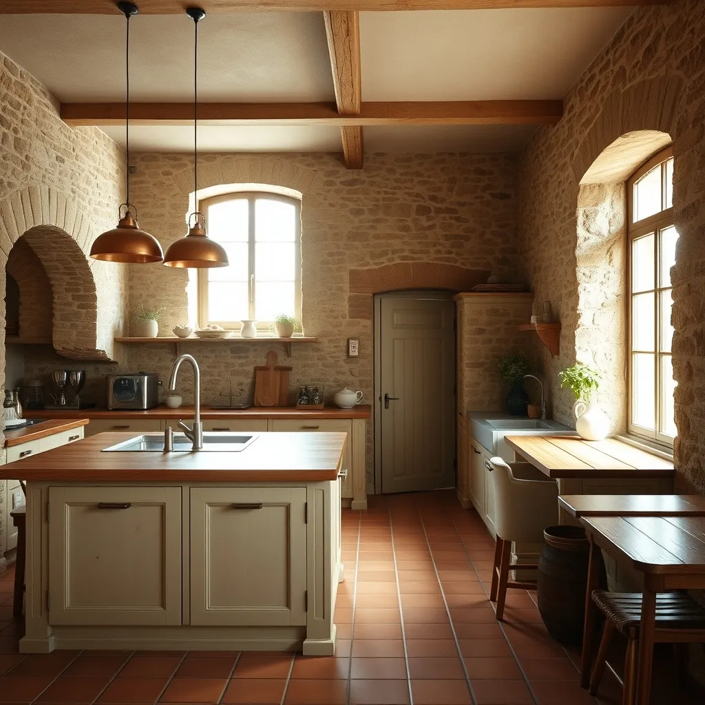 Cuisine aménagée dans un corps de ferme rénové : murs en pierre, îlot central en bois et tomettes anciennes