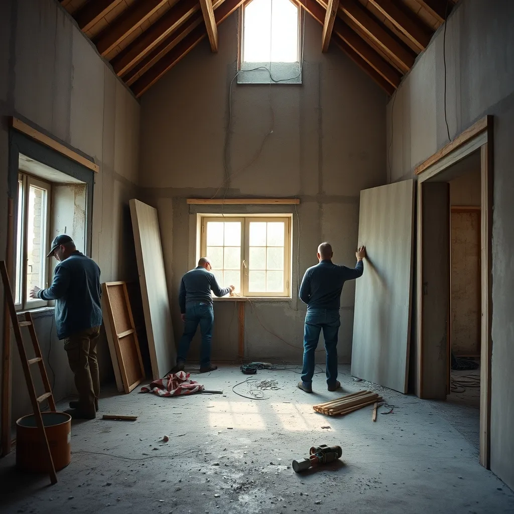 Chantier en cours : pose de l'isolation thermique intérieure avant la phase de plâtrerie et finitions