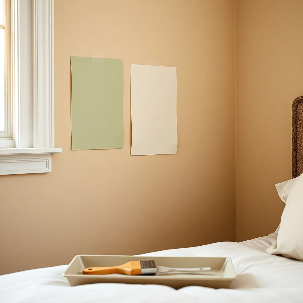 Test de palette chromatique sur un mur de chambre : trois teintes neutres suffisent pour un résultat apaisant