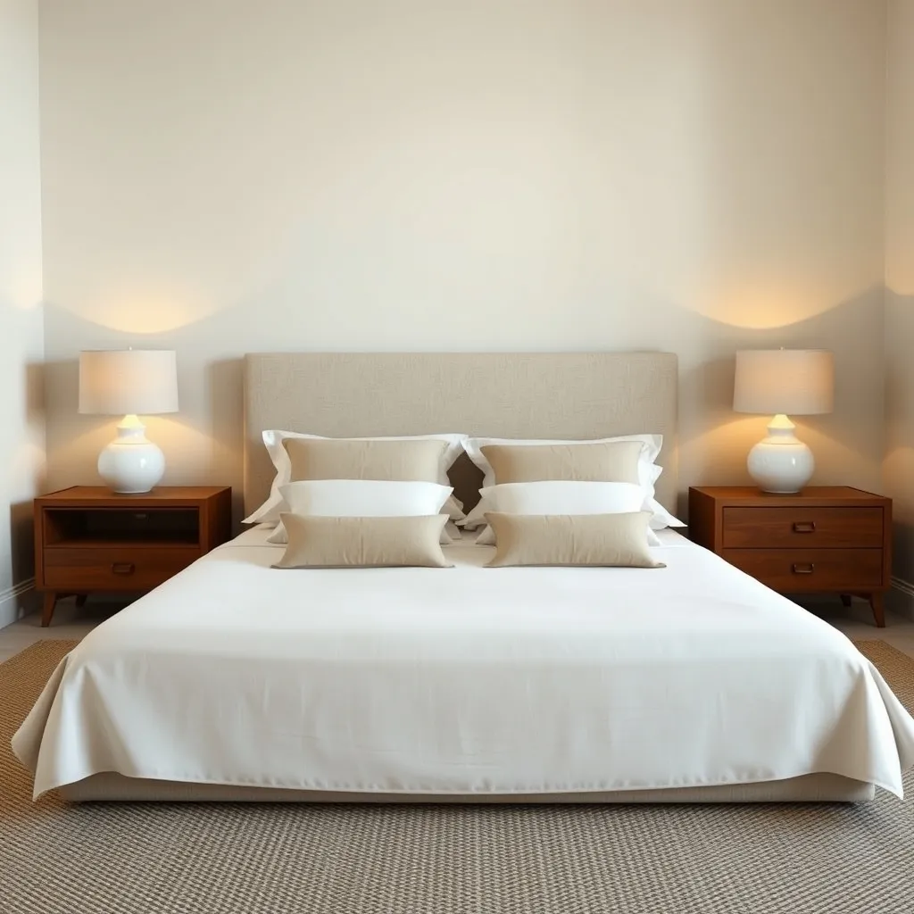 Agencement symétrique du lit avec tête de lit capitonnée et tapis en laine naturelle au pied du lit